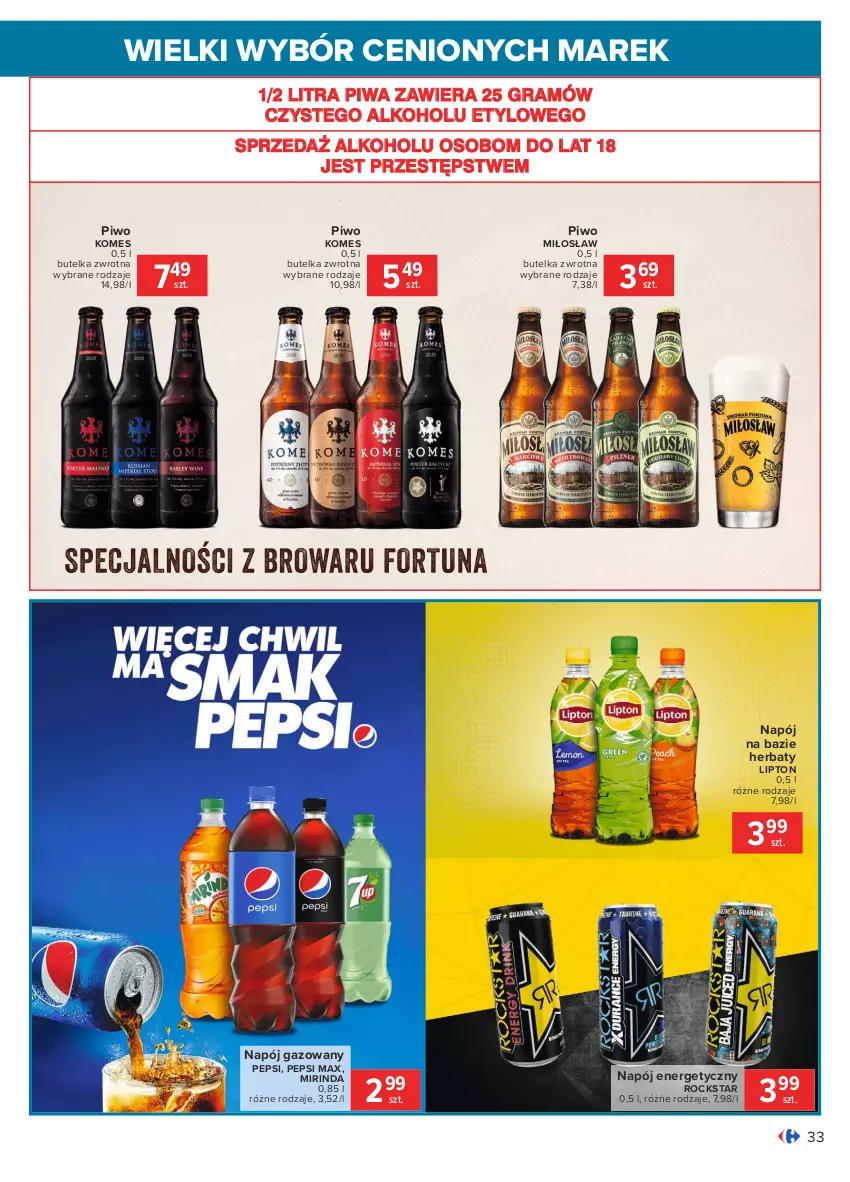 Gazetka promocyjna Carrefour - Gazetka Wielki wybór cenionych marek - ważna 08.02 do 20.02.2021 - strona 33 - produkty: Gra, Lipton, Mirinda, Napój, Napój energetyczny, Napój gazowany, Pepsi, Pepsi max, Piwa, Piwo