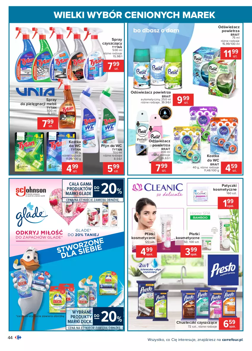 Gazetka promocyjna Carrefour - Gazetka Wielki wybór cenionych marek - ważna 08.02 do 20.02.2021 - strona 44 - produkty: Chusteczki, Duck, Kostka do wc, Odświeżacz powietrza, Patyczki kosmetyczne, Płatki kosmetyczne, Płyn do wc, Tytan