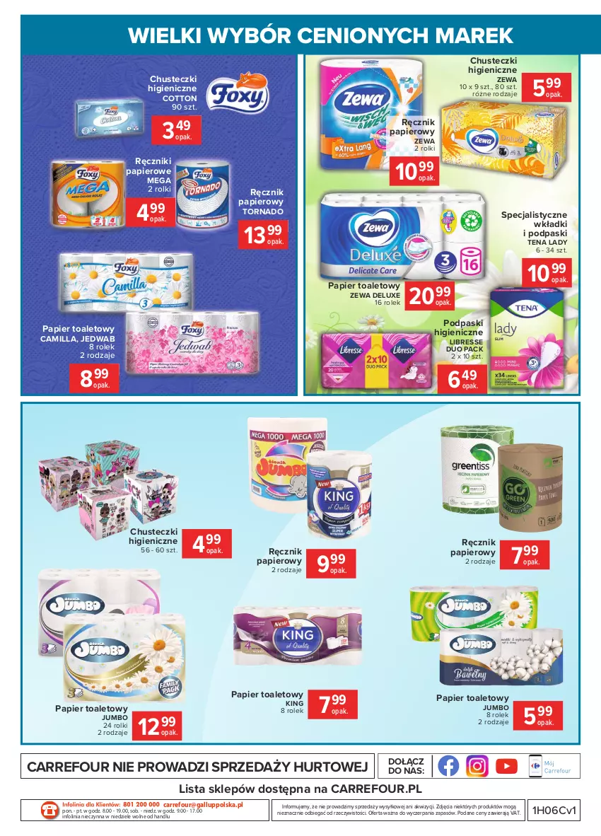 Gazetka promocyjna Carrefour - Gazetka Wielki wybór cenionych marek - ważna 08.02 do 20.02.2021 - strona 48 - produkty: Chusteczki, O nas, Papier, Papier toaletowy, Podpaski, Ręcznik, Ręczniki papierowe, Rolki, Wkładki