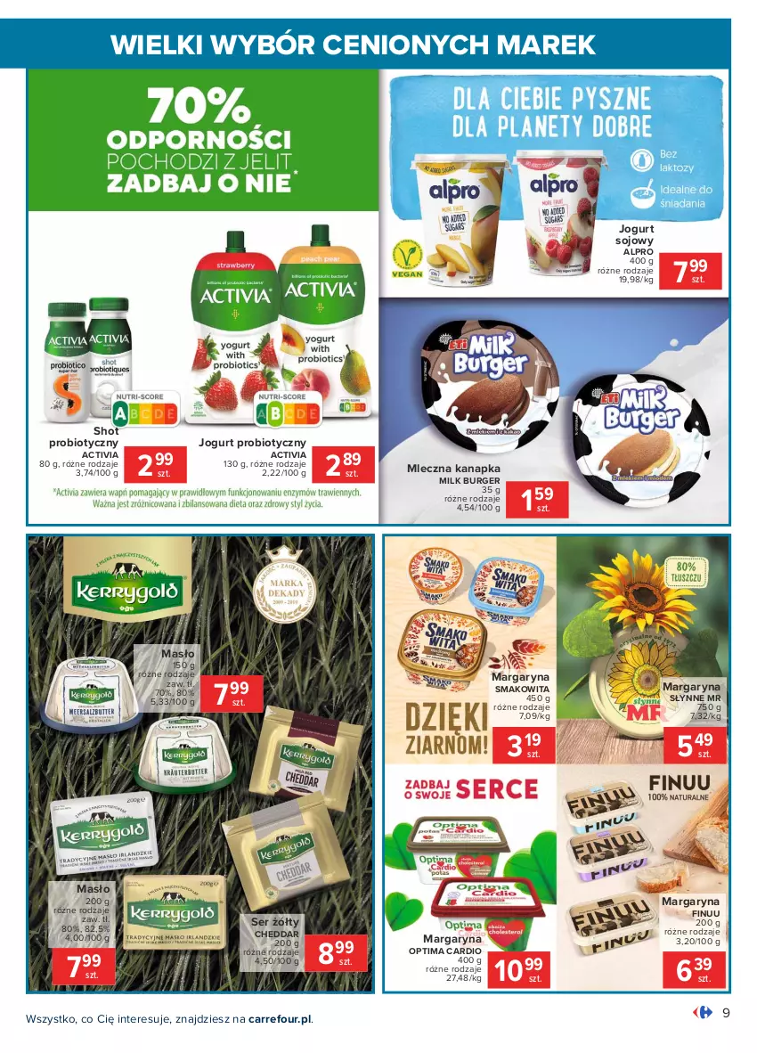 Gazetka promocyjna Carrefour - Gazetka Wielki wybór cenionych marek - ważna 08.02 do 20.02.2021 - strona 9 - produkty: Activia, Alpro, Burger, Cheddar, Finuu, Jogurt, Margaryna, Masło, Mleczna kanapka, Optima, Optima Cardio, Ser, Słynne, Smakowita