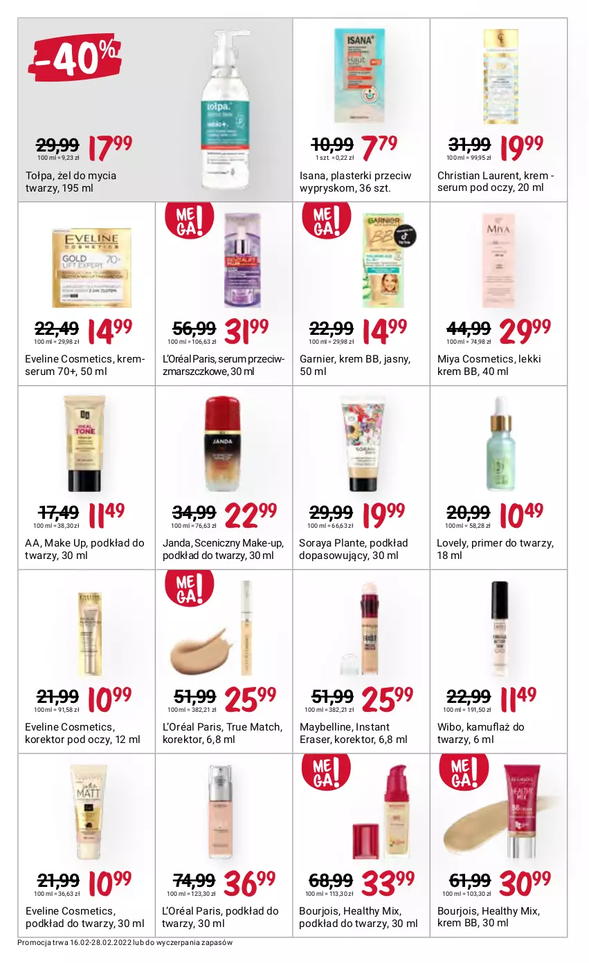 Gazetka promocyjna Rossmann - ważna 16.02 do 28.02.2022 - strona 8 - produkty: Bell, Bourjois, Eveline, Garnier, Isana, Krem bb, L’Oréal, Laur, Lovely, Mars, Maybelline, Miya Cosmetics, Plasterki, Podkład, Podkład do twarzy, Rum, Ser, Serum, Serum pod oczy, Tołpa, Wibo