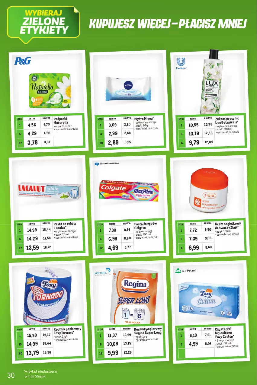 Gazetka promocyjna Makro - Kupujesz więcej płacisz mniej - ważna 02.05 do 31.05.2023 - strona 30 - produkty: Chusteczki, Colgate, Foxy, Gin, LG, Mydło, Naturell, Naturella, Nivea, Papier, Pasta do zębów, Podpaski, Ręcznik, Ziaja