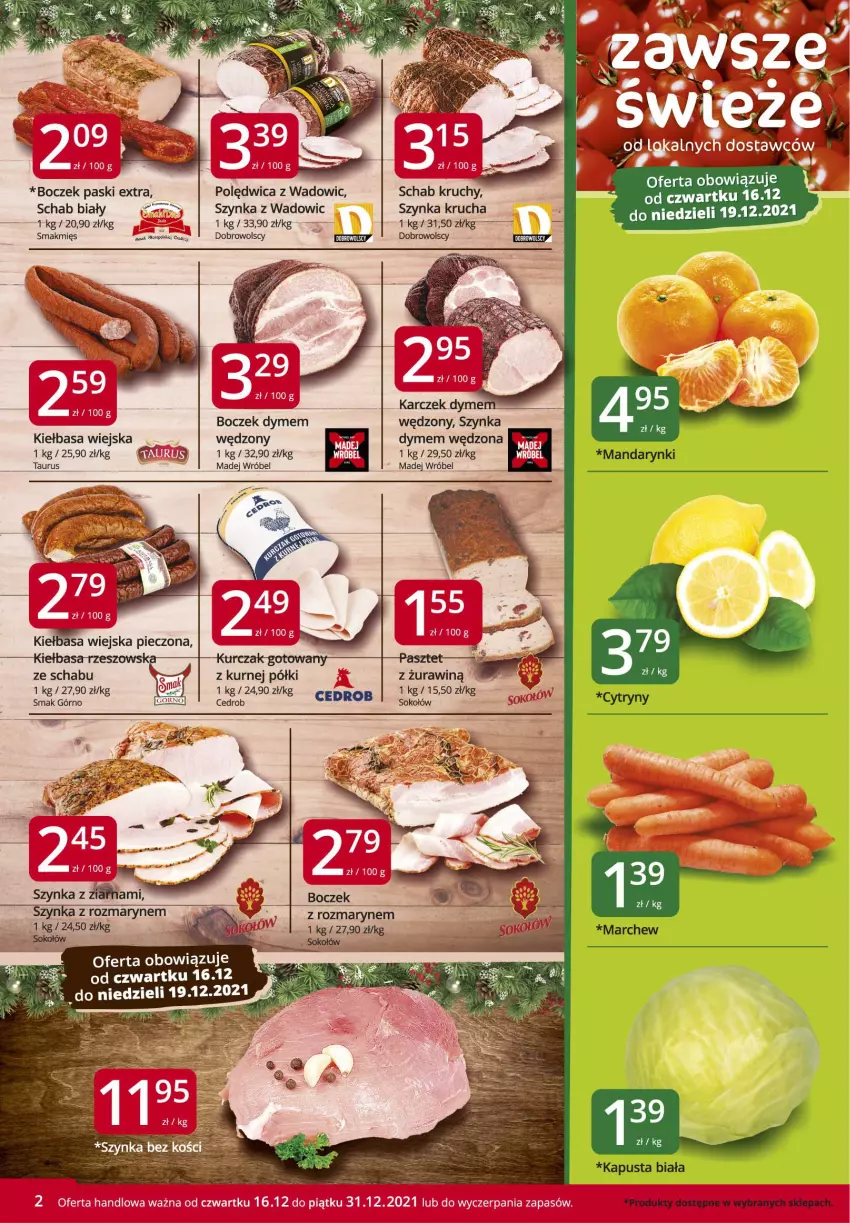 Gazetka promocyjna Market Vita - Gazetka promocyjna – Marketvita - ważna 16.12 do 31.12.2021 - strona 2 - produkty: Boczek, Kiełbasa, Kiełbasa wiejska, Madej Wróbel, Mandarynki, Polędwica, Sok, Sokołów, Szynka