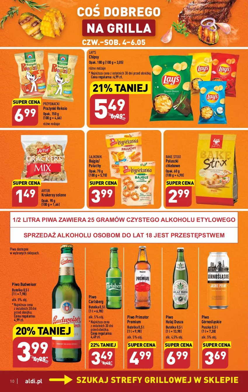 Gazetka promocyjna Aldi - Pełen katalog - ważna 04.05 do 06.05.2023 - strona 10 - produkty: Artur, Bajgle, Carlsberg, Chipsy, Chleb, Gra, Grill, Krakersy, Lajkonik, Piwa, Piwo, Prima, Przysnacki, Ser