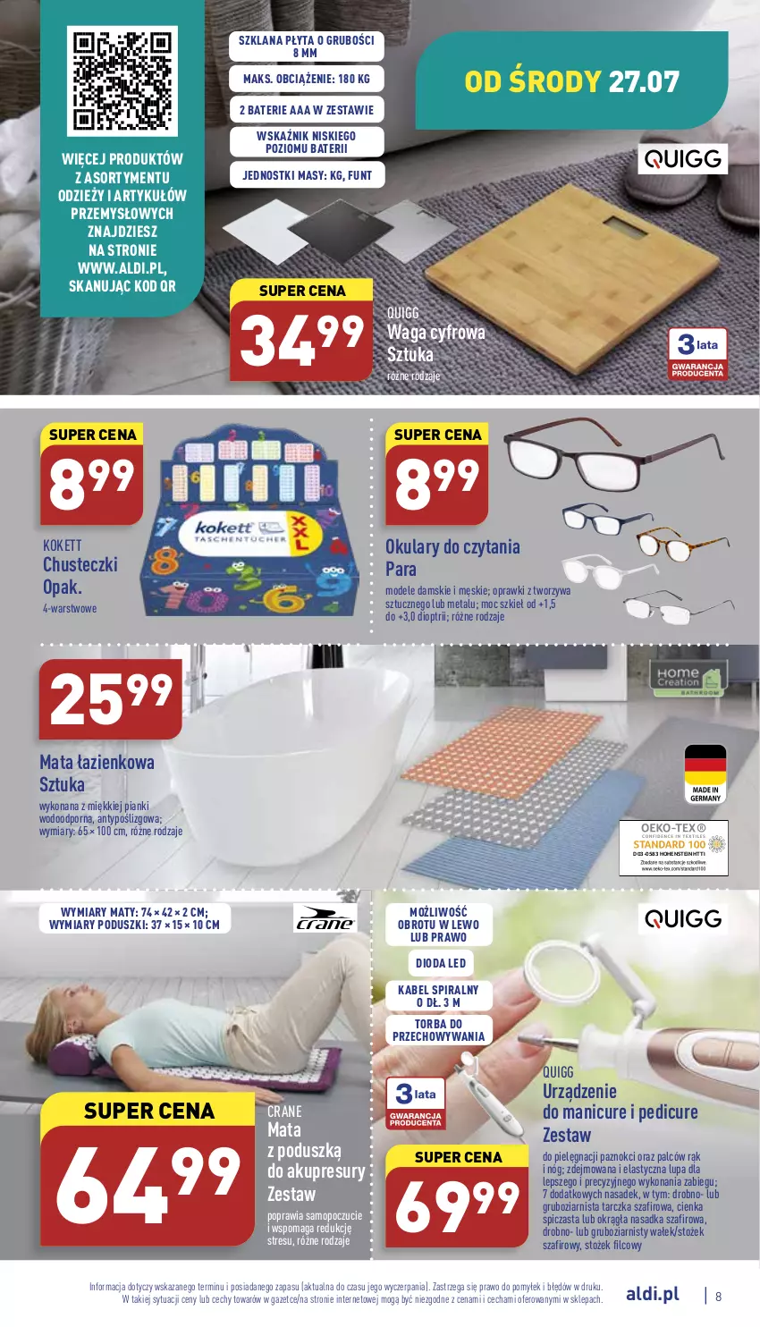 Gazetka promocyjna Aldi - Zaplanuj zakupy wcześniej - ważna 25.07 do 30.07.2022 - strona 8 - produkty: Chusteczki, LANA, Manicure i pedicure, Mata łazienkowa, Mop, Okulary do czytania, Płyta, Por, Torba, Waga, Wałek