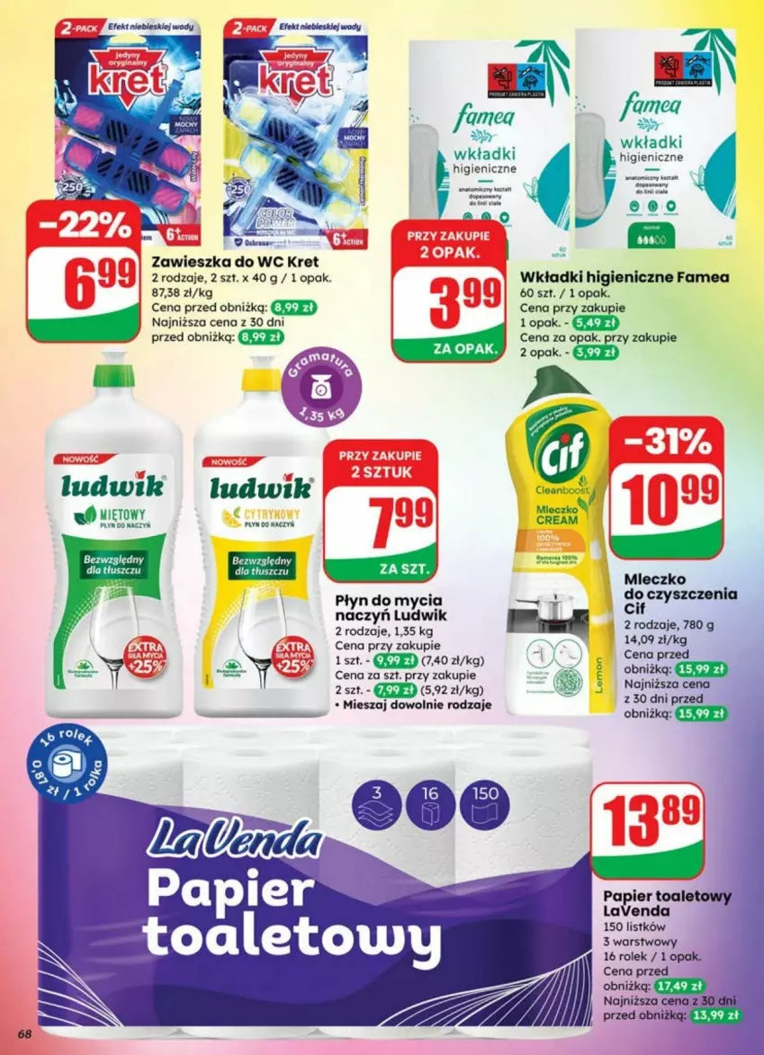 Gazetka promocyjna Dino - ważna 09.07 do 13.07.2025 - strona 65 - produkty: Fa, Kret, Ludwik, Miecz, Mleczko, Papier, Papier toaletowy, Płyn do mycia, Wkładki, Zawieszka do wc
