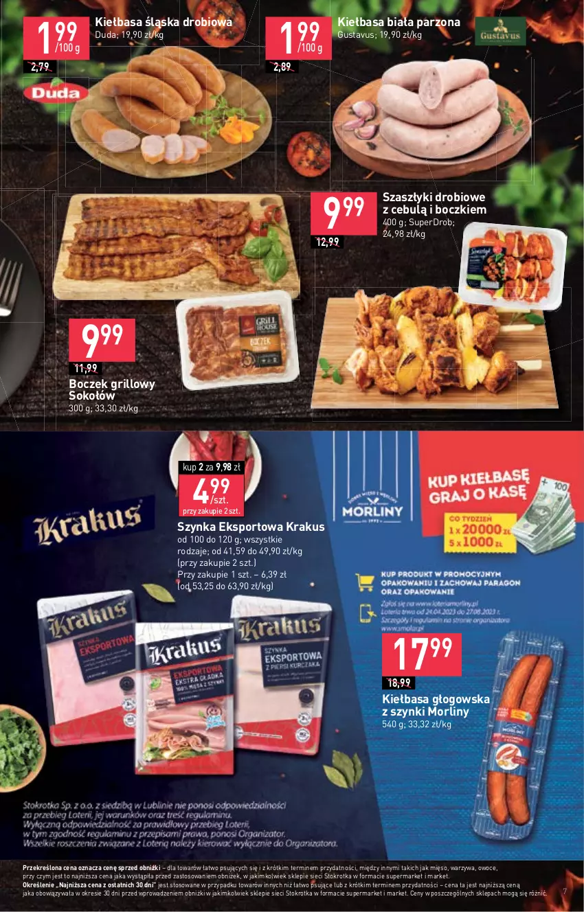 Gazetka promocyjna Stokrotka - Katalog dzień dziecka - ważna 25.05 do 31.05.2023 - strona 9 - produkty: Boczek, Duda, Grill, Kiełbasa, Kiełbasa biała, Kiełbasa głogowska, Kiełbasa śląska, Krakus, Mięso, Morliny, Owoce, Por, Sok, Sokołów, Sport, Szynka, Warzywa