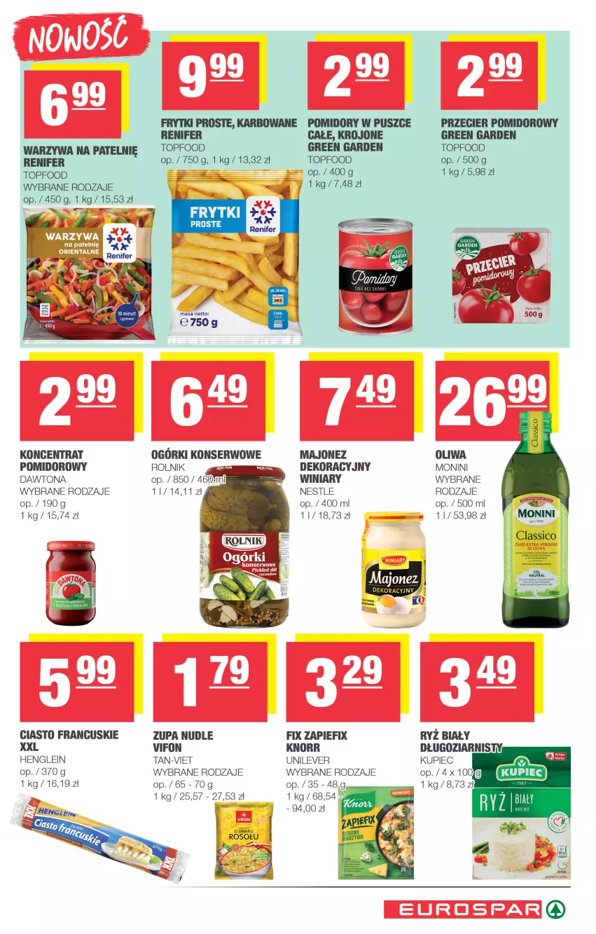 Gazetka promocyjna Spar - EuroSpar - ważna 24.08 do 03.09.2025 - strona 9 - produkty: Dawtona, Frytki, Knorr, Kupiec, Majonez, Monini, Ogórki konserwowe, Oliwa, Piec, Pomidory, Renifer, Rolnik, Ryż, Ryż biały, Ser, Top, Warzywa, Winiary, Zupa