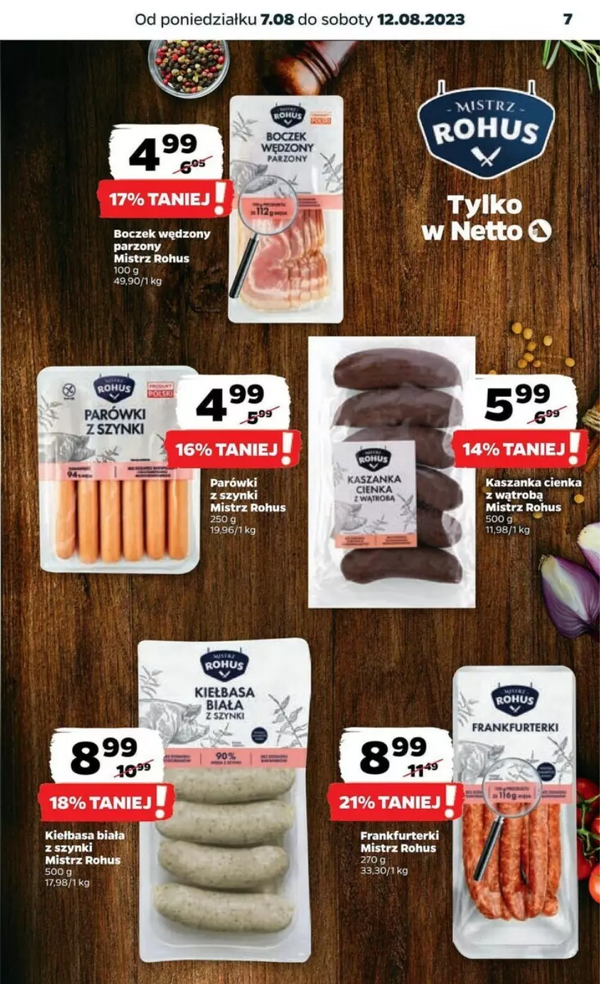 Gazetka promocyjna Netto - ważna 07.08 do 12.08.2023 - strona 23 - produkty: Boczek, Frankfurterki, Kasza, Kaszanka, Kiełbasa, Kiełbasa biała, Parówki