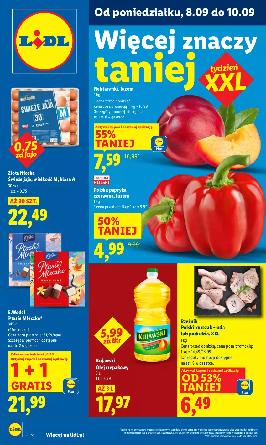 Gazetka promocyjna Lidl - GAZETKA - ważna 08.09 do 10.09.2025 - strona 1 - produkty: Gra, Jaja, Kujawski, Kurczak, Mleczko, Nektar, Olej, Olej rzepakowy, Papryka, Papryka czerwona, Ptasie mleczko
