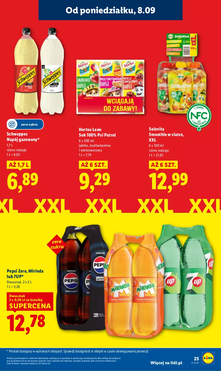 Gazetka promocyjna Lidl - GAZETKA - ważna 08.09 do 10.09.2025 - strona 27 - produkty: 7up, Hortex, Leon, Mirinda, Napój, Napój gazowany, Pepsi, Psi Patrol, Schweppes, Smoothie, Sok