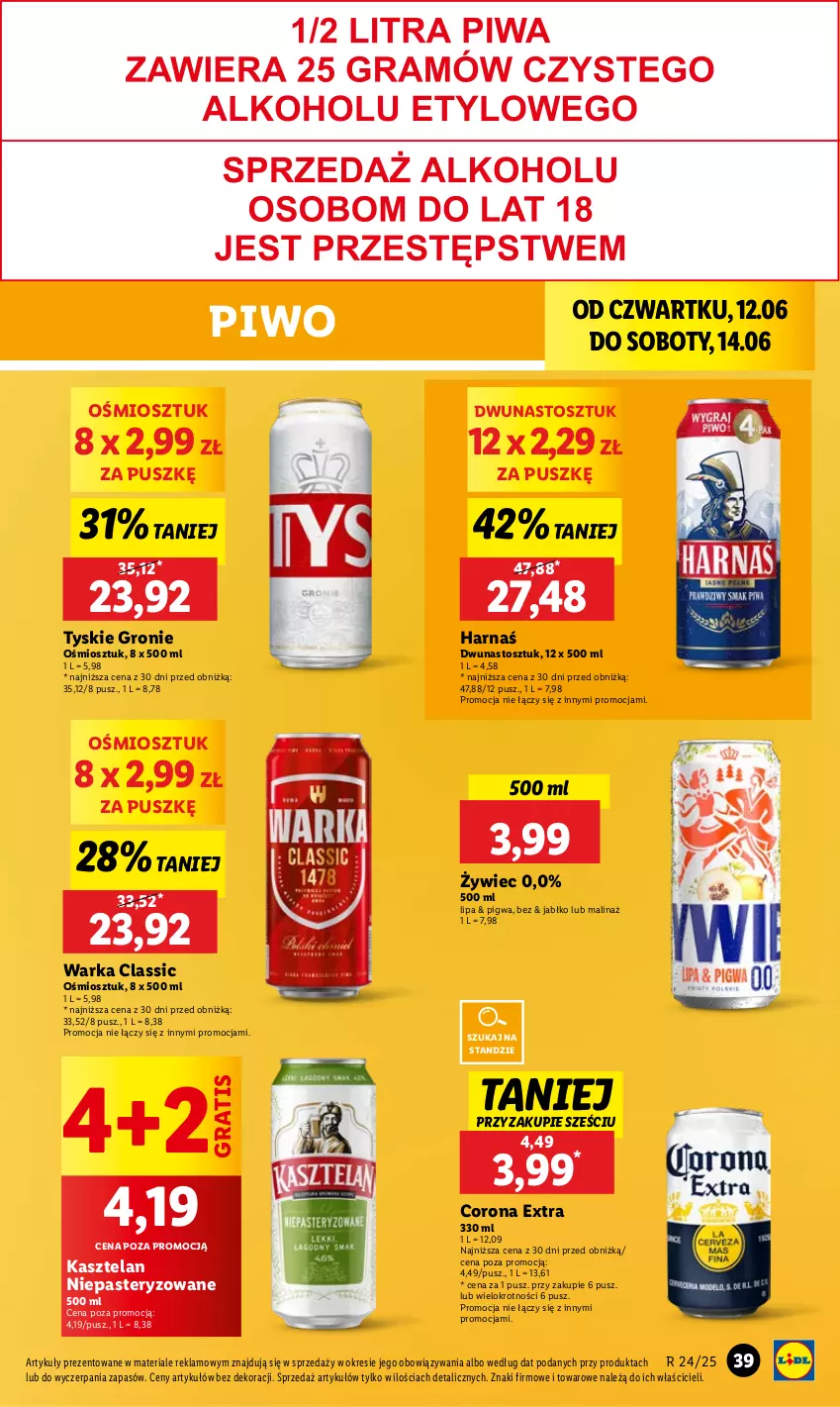 Gazetka promocyjna Lidl - GAZETKA - ważna 12.06 do 14.06.2025 - strona 41 - produkty: Corona Extra, Gra, Harnaś, Kasztelan, Piwo, Tyskie, Warka