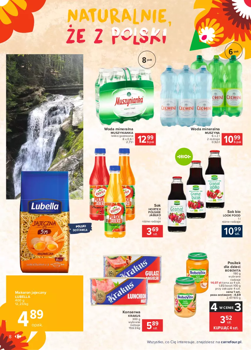 Gazetka promocyjna Carrefour - Gazetka Znane, lubiane i z POLSKI - ważna 12.07 do 19.07.2021 - strona 8 - produkty: Bell, Bella, BoboVita, Dzieci, Hortex, Kosz, Krakus, Lubella, Makaron, Mus, Muszynianka, Ser, Sok, Szyna, Woda, Woda mineralna