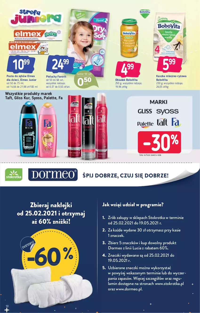 Gazetka promocyjna Stokrotka - Market - ważna 11.03 do 17.03.2021 - strona 10 - produkty: BoboVita, Dzieci, Elmex, Fa, Gliss Kur, Gra, Klej, Palette, Pasta do zębów, Pieluchy, Ryż, Syoss, Taft