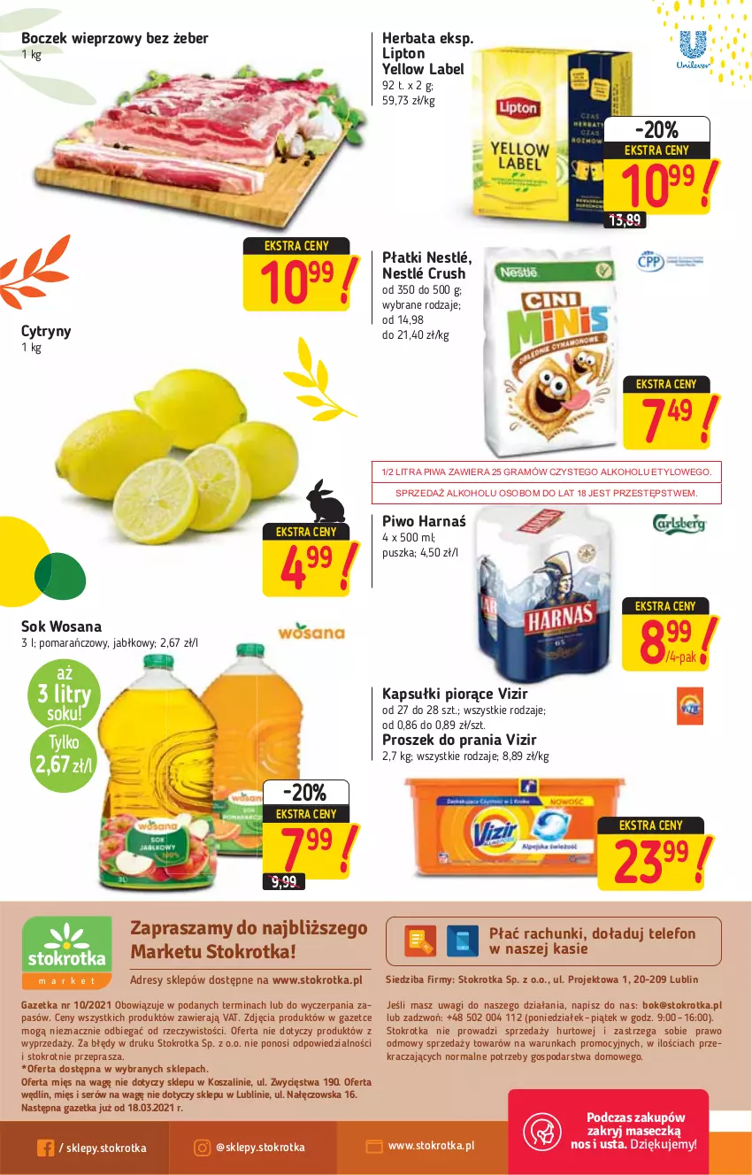 Gazetka promocyjna Stokrotka - Market - ważna 11.03 do 17.03.2021 - strona 12 - produkty: Boczek, Boczek wieprzowy, Cytryny, Dres, Gra, Harnaś, Herbata, Kosz, Lipton, Nestlé, O nas, Piwa, Piwo, Proszek do prania, Ser, Sok, Szal, Telefon, Vizir, Wagi, Wosana