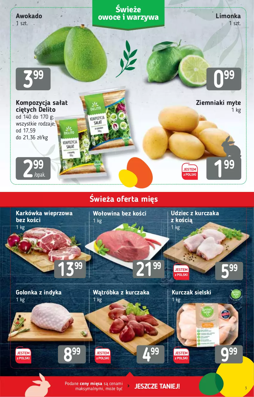 Gazetka promocyjna Stokrotka - Market - ważna 11.03 do 17.03.2021 - strona 3 - produkty: Golonka z indyka, Karkówka wieprzowa, Kurczak, Limonka, Sałat, Wołowina, Wołowina bez kości, Ziemniaki