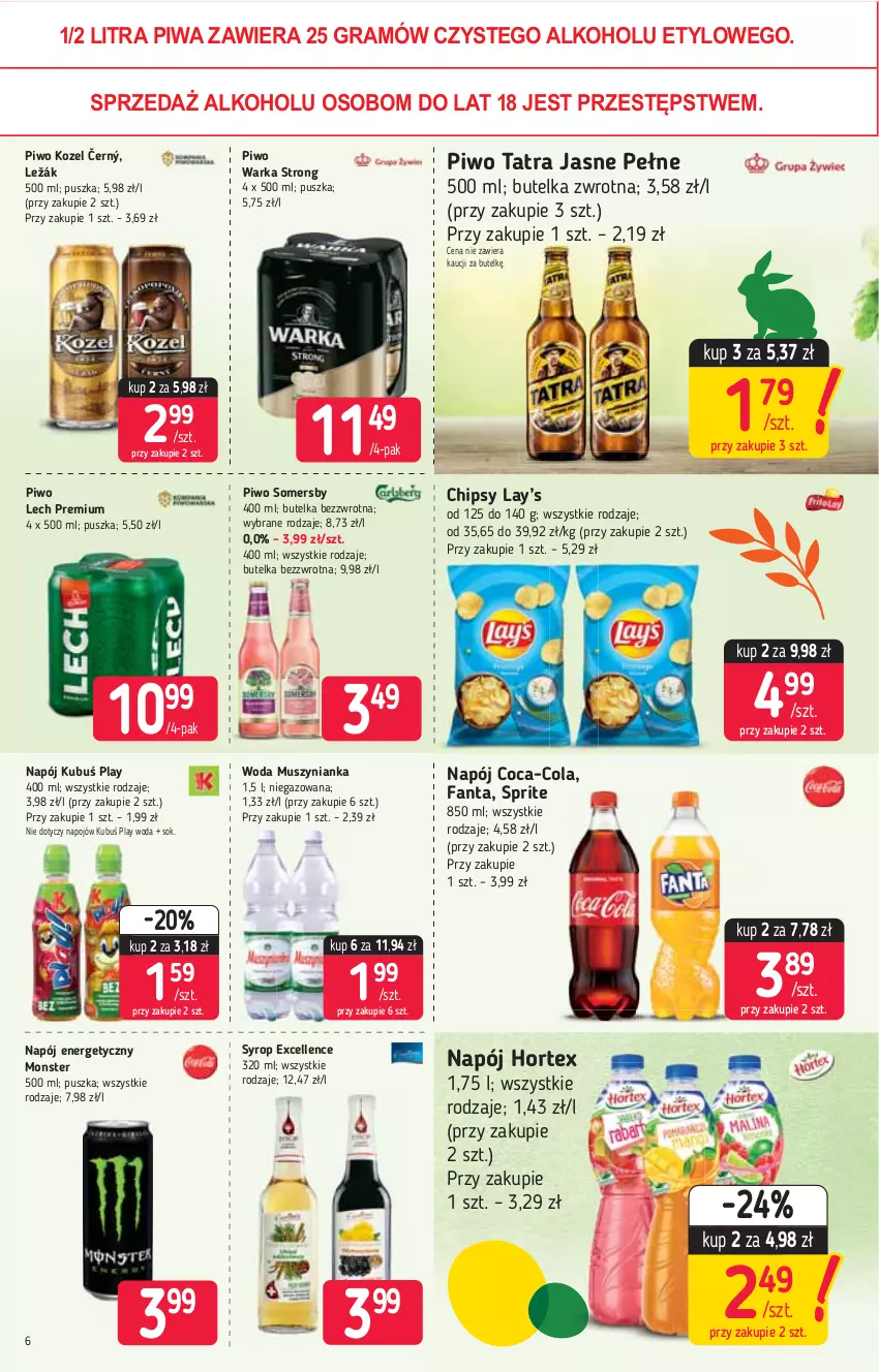 Gazetka promocyjna Stokrotka - Market - ważna 11.03 do 17.03.2021 - strona 6 - produkty: Chipsy, Coca-Cola, Fa, Fanta, Gra, Hortex, Kozel, Kubuś, Lay’s, Lech Premium, Mus, Muszynianka, Napój, Napój energetyczny, Piwa, Piwo, Sok, Somersby, Sprite, Syrop, Tatra, Warka, Woda