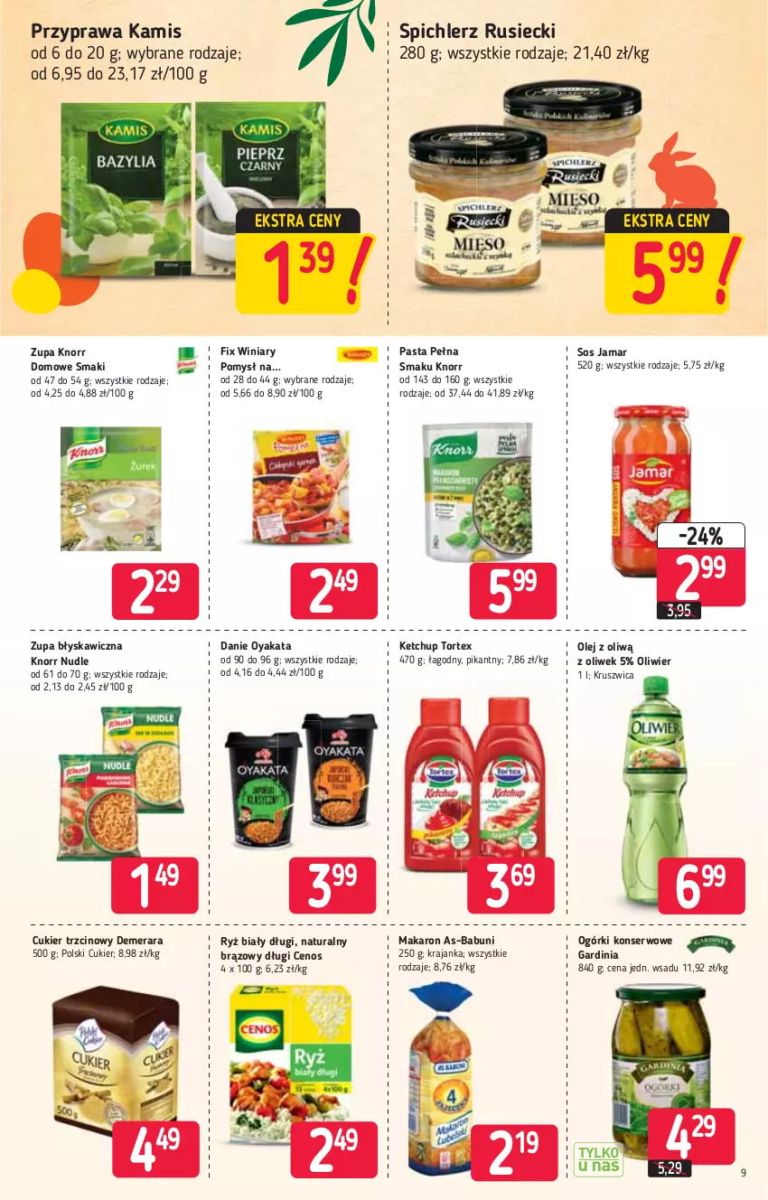 Gazetka promocyjna Stokrotka - Market - ważna 11.03 do 17.03.2021 - strona 9 - produkty: Babuni, Cenos, Cukier, Cukier trzcinowy, Kamis, Ketchup, Knorr, Makaron, Ogórki konserwowe, Olej, Ryż, Ryż biały, Ser, Sos, Spichlerz Rusiecki, Winiary, Zupa