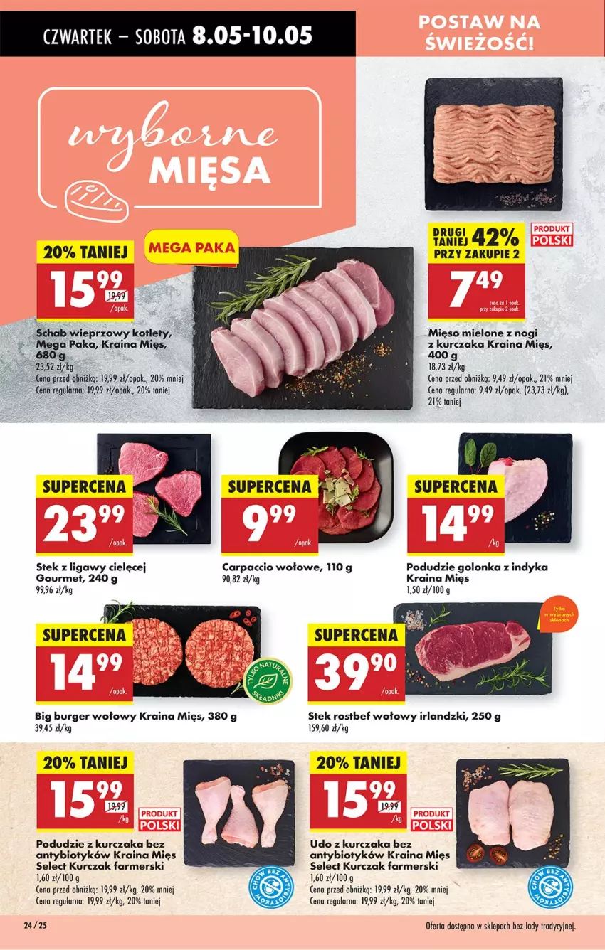 Gazetka promocyjna Biedronka - Od Czwartku - ważna 08.05 do 14.05.2025 - strona 30 - produkty: Burger, Carpaccio, Fa, Golonka z indyka, Kotlet, Kurczak, Mięso, Mięso mielone, Podudzie z kurczaka, Rostbef, Stek, Udo z kurczaka