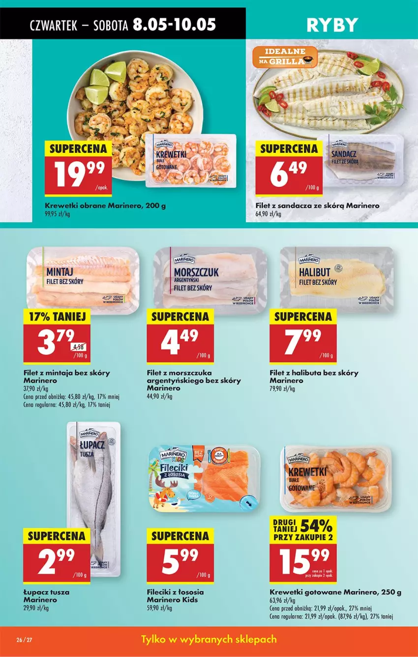 Gazetka promocyjna Biedronka - Od Czwartku - ważna 08.05 do 14.05.2025 - strona 32 - produkty: Filet z mintaja, Filet z morszczuka, Filet z sandacza, Halibut, Krewetki, Mintaj, Sandacz, Sos, Tusz