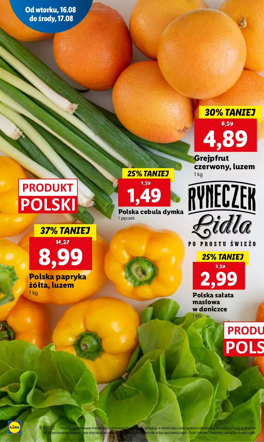 Gazetka promocyjna Lidl - GAZETKA - ważna 16.08 do 17.08.2022 - strona 10 - produkty: Cebula, Grejpfrut, Masło, Papryka, Papryka żółta, Sałat, Sałata masłowa