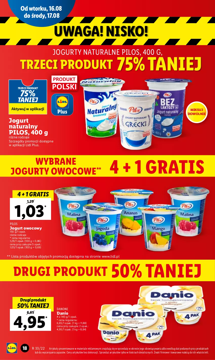 Gazetka promocyjna Lidl - GAZETKA - ważna 16.08 do 17.08.2022 - strona 22 - produkty: Danio, Danone, Gra, Jogurt, Jogurt naturalny, Jogurt owocowy, Pilos, Waga