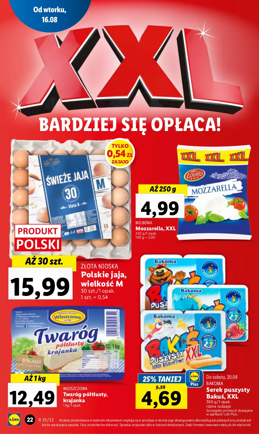 Gazetka promocyjna Lidl - GAZETKA - ważna 16.08 do 17.08.2022 - strona 26 - produkty: Bakoma, Jaja, Mozzarella, Ser, Serek, Serek puszysty, Twaróg, Twaróg półtłusty