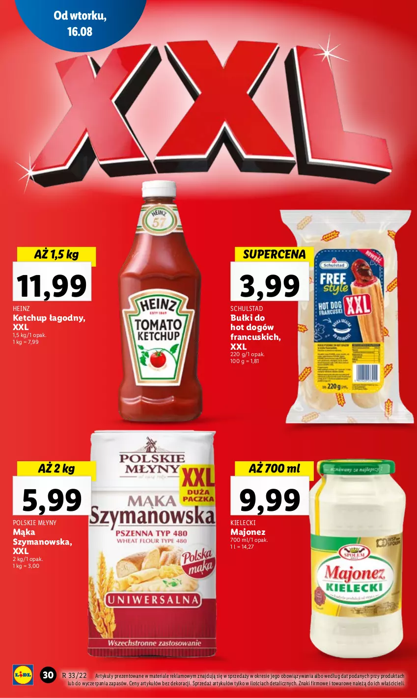 Gazetka promocyjna Lidl - GAZETKA - ważna 16.08 do 17.08.2022 - strona 34 - produkty: Bułki do hot dogów, Heinz, Hot dog, Ketchup, Majonez, Mąka, Polskie Młyny