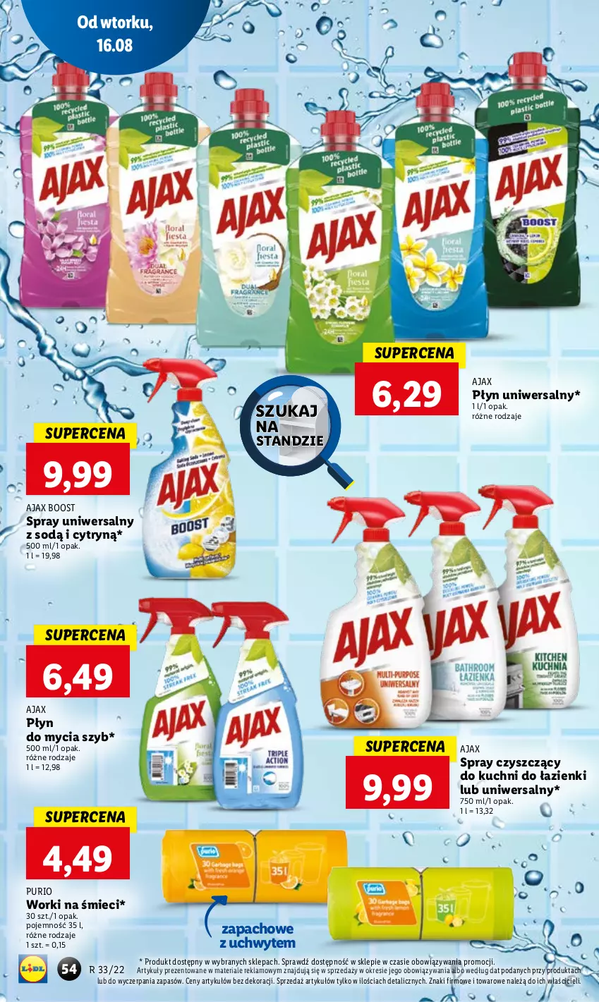 Gazetka promocyjna Lidl - GAZETKA - ważna 16.08 do 17.08.2022 - strona 58 - produkty: Ajax, Płyn do mycia, Pur, Worki na śmiec, Worki na śmieci