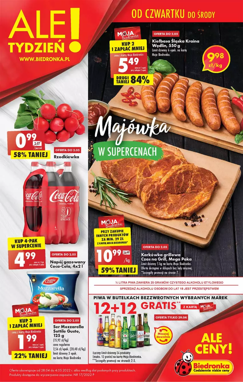 Gazetka promocyjna Biedronka - Majówka - ważna 28.04 do 04.05.2022 - strona 1 - produkty: Coca-Cola, Gra, Grill, Kiełbasa, Kiełbasa śląska, Mozzarella, Napój, Napój gazowany, Odol, Piwa, Ser