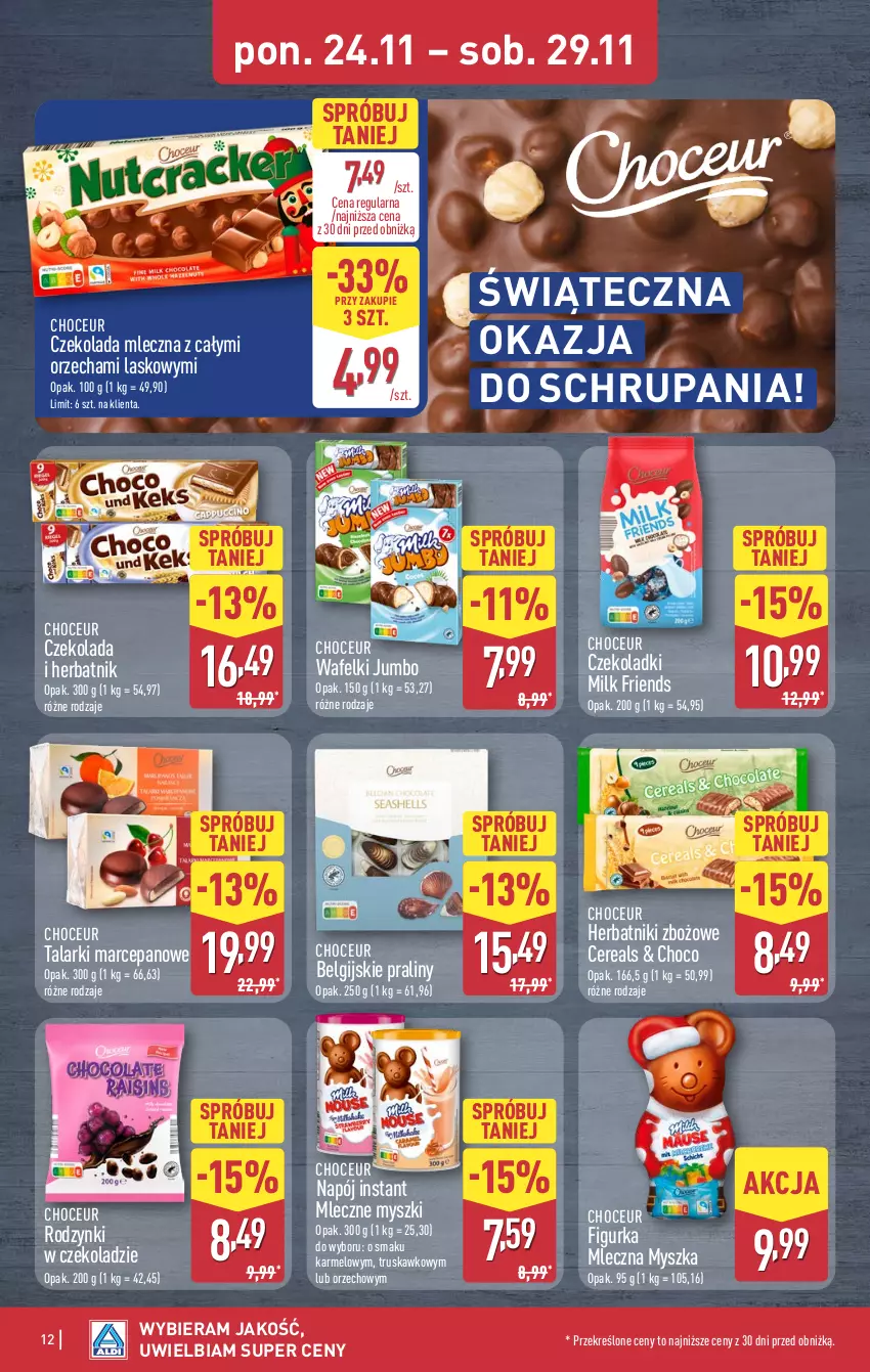 Gazetka promocyjna Aldi - Pełna oferta - ważna 24.11 do 29.11.2025 - strona 12 - produkty: Czekolada, Czekolada mleczna, Herbatniki, LG, Mysz, Napój, Praliny, Rodzynki