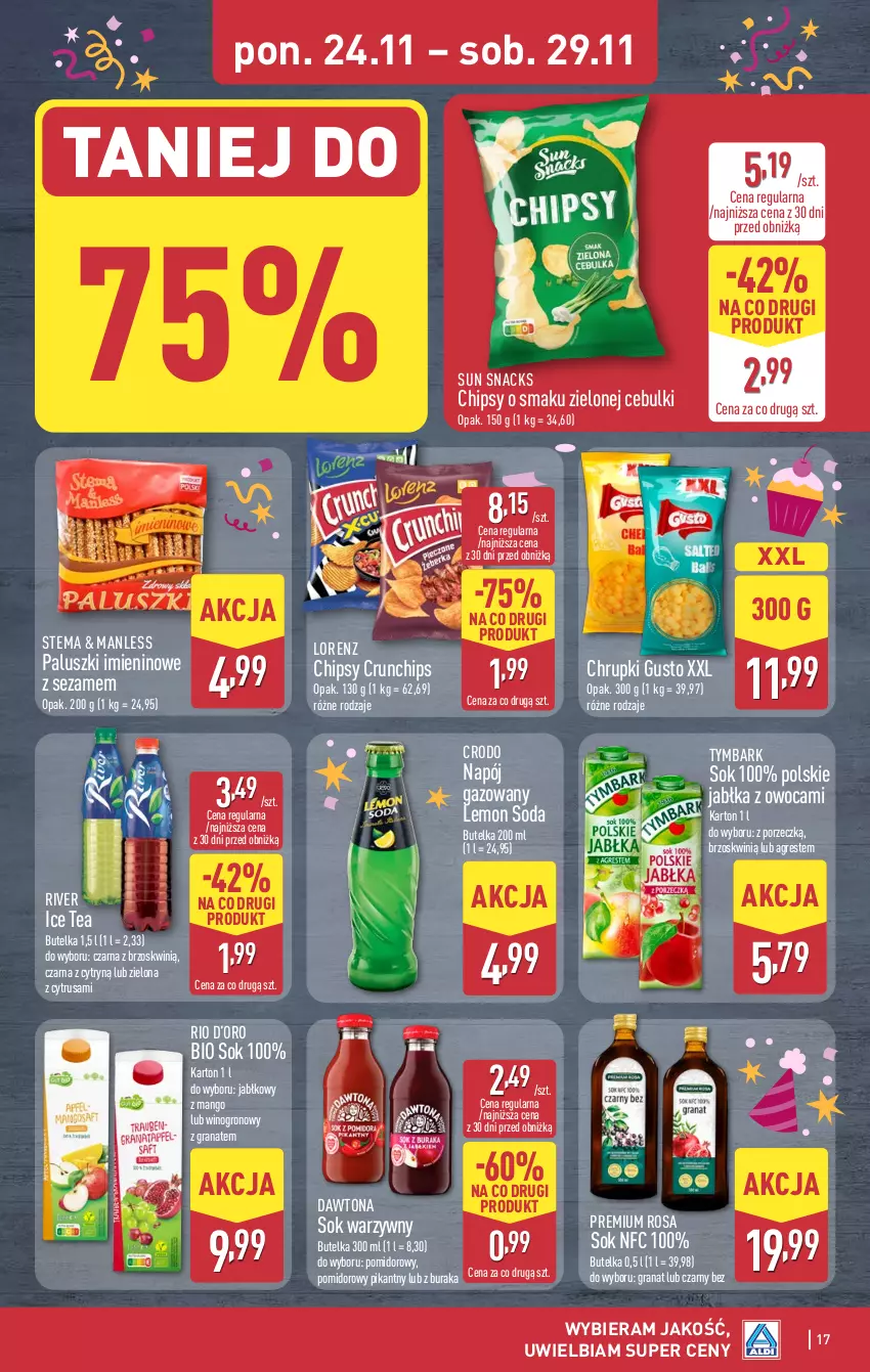 Gazetka promocyjna Aldi - Pełna oferta - ważna 24.11 do 29.11.2025 - strona 17 - produkty: Chipsy, Chrupki, Crunchips, Dawtona, Gra, Granat, Gres, Ice tea, Jabłka, Lorenz, Mango, Napój, Napój gazowany, Por, Sezam, Sok, Tymbark, Wino