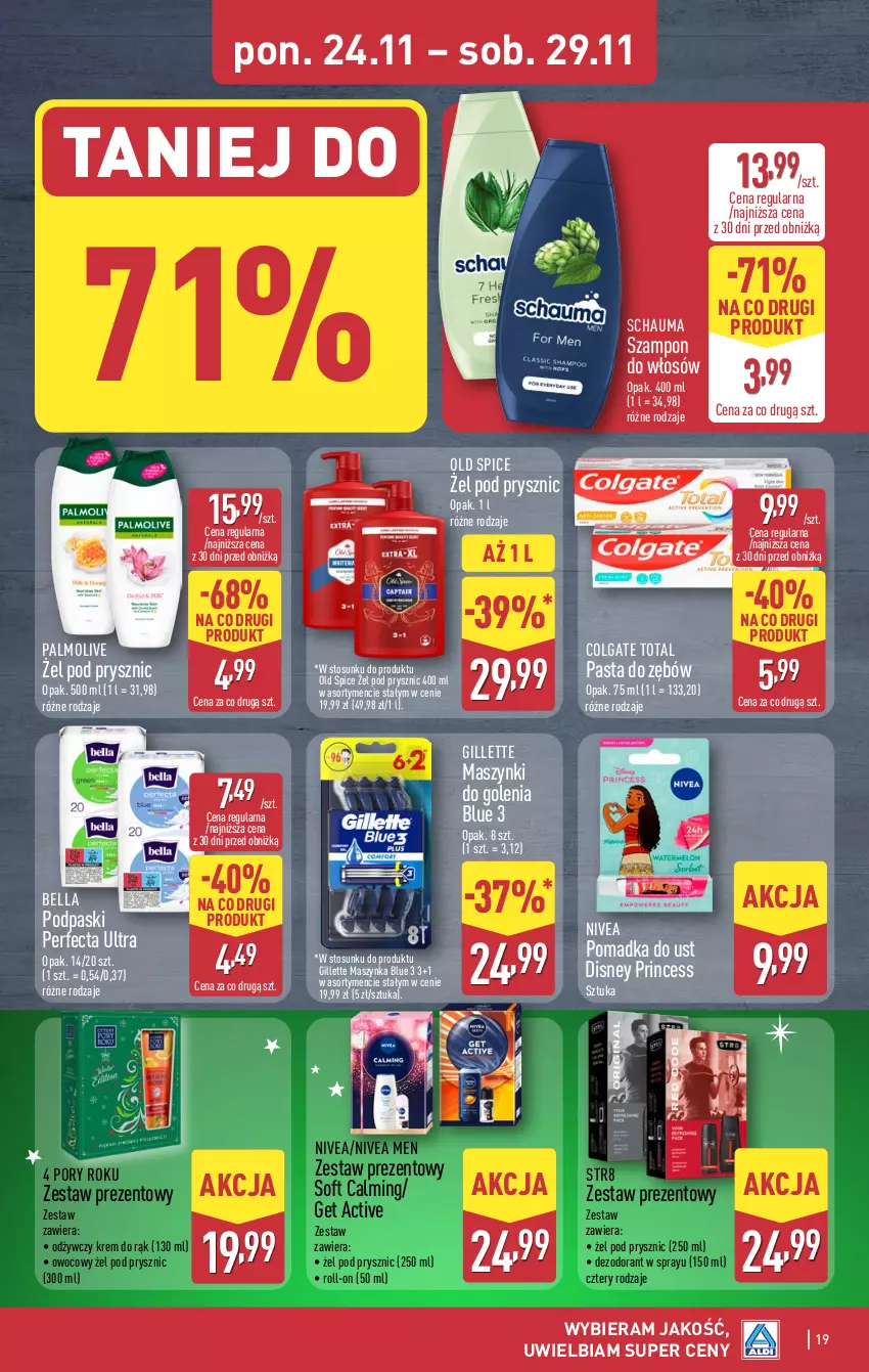 Gazetka promocyjna Aldi - Pełna oferta - ważna 24.11 do 29.11.2025 - strona 19 - produkty: Bell, Bella, Colgate, Colgate Total, Dezodorant, Disney, Gillette, Krem do rąk, LG, Maszynka, Nivea, Nivea Men, Old Spice, Palmolive, Pasta do zębów, Perfecta, Podpaski, Por, Schauma, Str8, Szampon, Szynka, Zestaw prezentowy