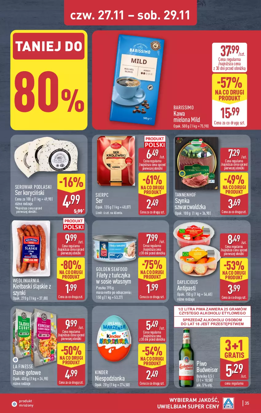 Gazetka promocyjna Aldi - Pełna oferta - ważna 24.11 do 29.11.2025 - strona 35 - produkty: Danie gotowe, Golden Seafood, Gra, Kawa, Kawa mielona, Kiełbaski śląskie, Kinder, Piwa, Piwo, Podlaski, Ser, Sos, Szynka, Tuńczyk