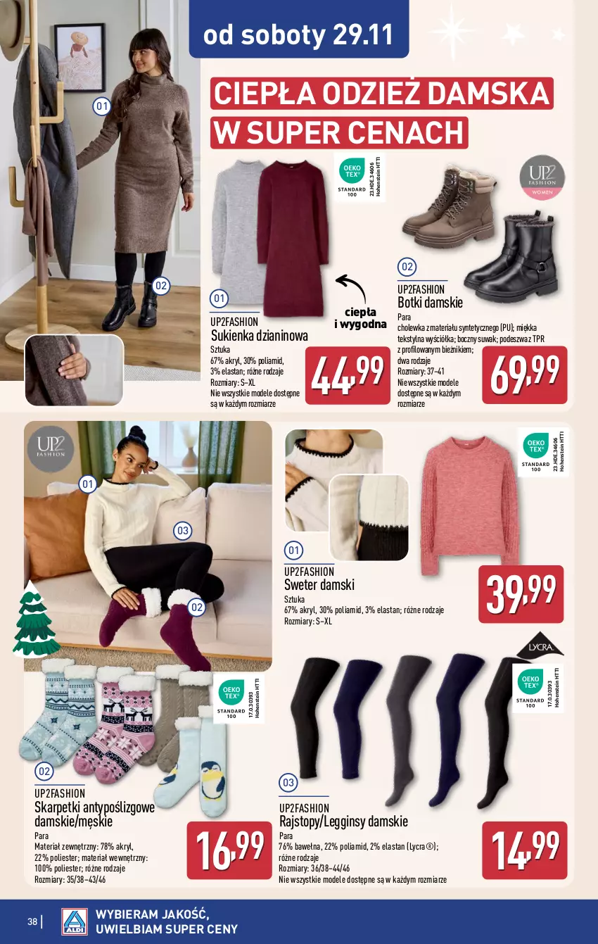 Gazetka promocyjna Aldi - Pełna oferta - ważna 24.11 do 29.11.2025 - strona 38 - produkty: Bieżnik, Botki, Fa, Gin, Karp, Legginsy, Rajstopy, Skarpetki, Sukienka, Sweter, Top, Wełna