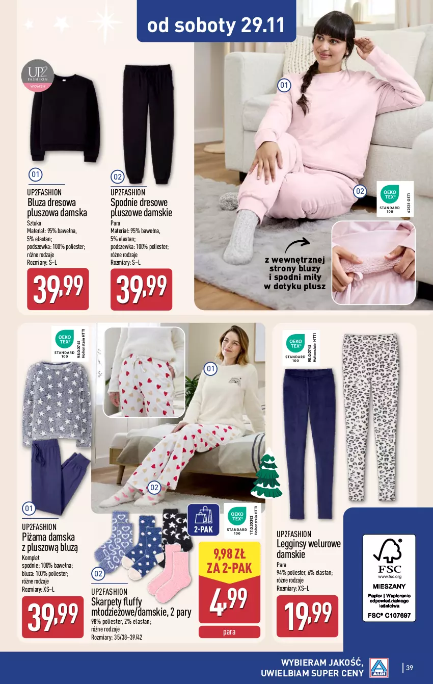 Gazetka promocyjna Aldi - Pełna oferta - ważna 24.11 do 29.11.2025 - strona 39 - produkty: Bluza, Bluza dresowa, Dres, Fa, Gin, Karp, Legginsy, Piżama, Spodnie, Spodnie dresowe, Wełna
