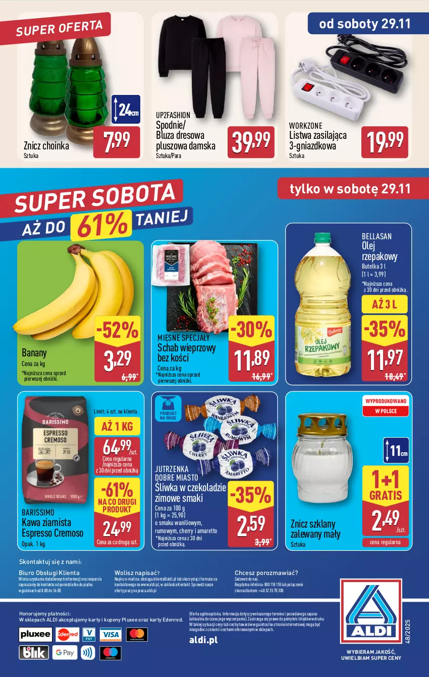 Gazetka promocyjna Aldi - Pełna oferta - ważna 24.11 do 29.11.2025 - strona 42 - produkty: Banany, Bell, Bella, Biuro, Bluza, Bluza dresowa, Choinka, Dres, Fa, Gra, Inka, Jutrzenka, Kawa, Kawa ziarnista, Listwa, Mięsne specjały, O nas, Olej, Olej rzepakowy, Por, Rum, Schab wieprzowy, Spodnie, Znicz
