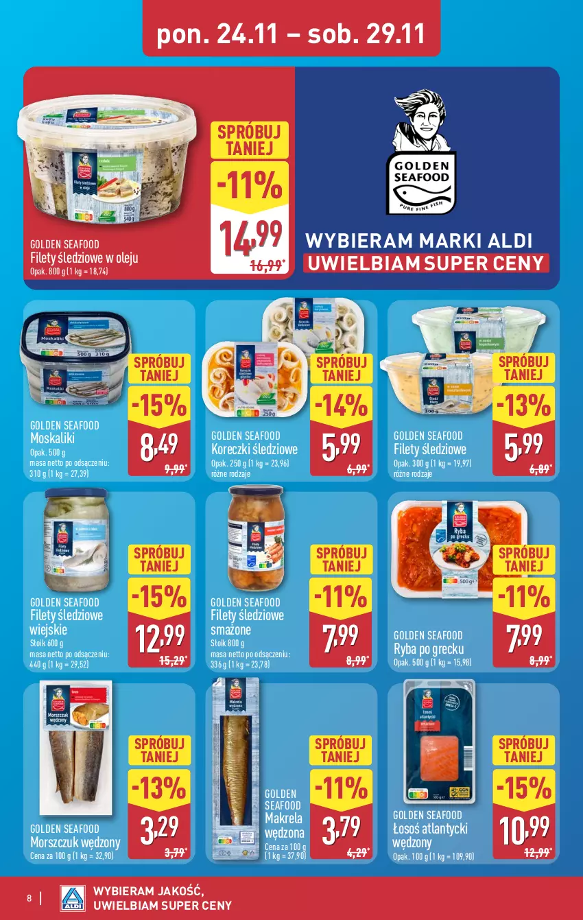 Gazetka promocyjna Aldi - Pełna oferta - ważna 24.11 do 29.11.2025 - strona 8 - produkty: Golden Seafood, Koreczki śledziowe, Olej, Ryba, Ryba po grecku