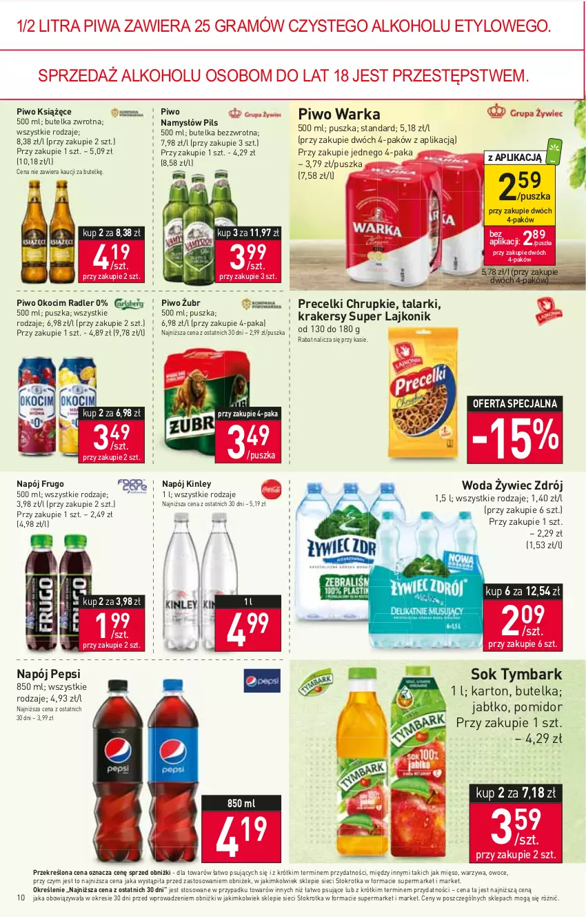 Gazetka promocyjna Stokrotka - Market - ważna 09.03 do 15.03.2023 - strona 10 - produkty: Chrupki, Gra, Koc, Krakersy, Książęce, Lajkonik, Mięso, Namysłów, Napój, Okocim, Owoce, Pepsi, Piwa, Piwo, Precelki, Radler, Sok, Tymbark, Warka, Warzywa, Woda