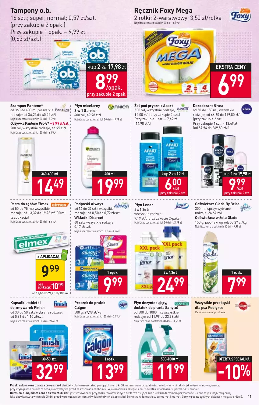 Gazetka promocyjna Stokrotka - Market - ważna 09.03 do 15.03.2023 - strona 11 - produkty: Always, Calgon, Dezodorant, Discreet, Elmex, Finish, Foxy, Garnier, Lenor, LG, Mięso, Nivea, O.B., Odżywka, Ogród, Owoce, Pantene, Pasta do zębów, Pedigree, Płyn micelarny, Podpaski, Przekąski dla psa, Ręcznik, Rolki, Sanytol, Szampon, Tablet, Tampony, Warzywa, Wkładki