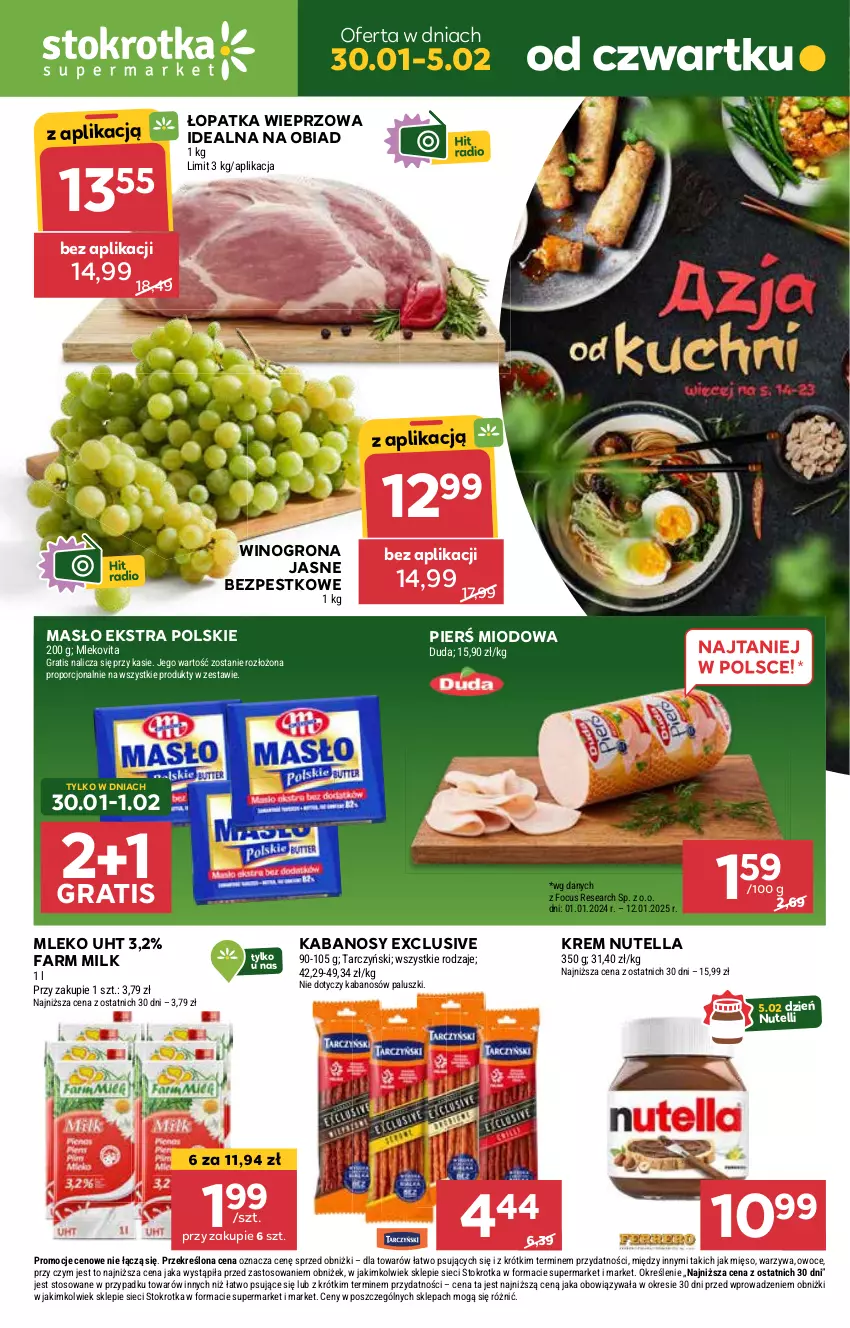 Gazetka promocyjna Stokrotka - Supermarket - ważna 30.01 do 05.02.2025 - strona 1 - produkty: Duda, Fa, Farm Milk, Gra, Kabanos, Masło, Mięso, Mleko, Mlekovita, Nutella, Owoce, Por, Tarczyński, Warzywa, Wino, Winogrona