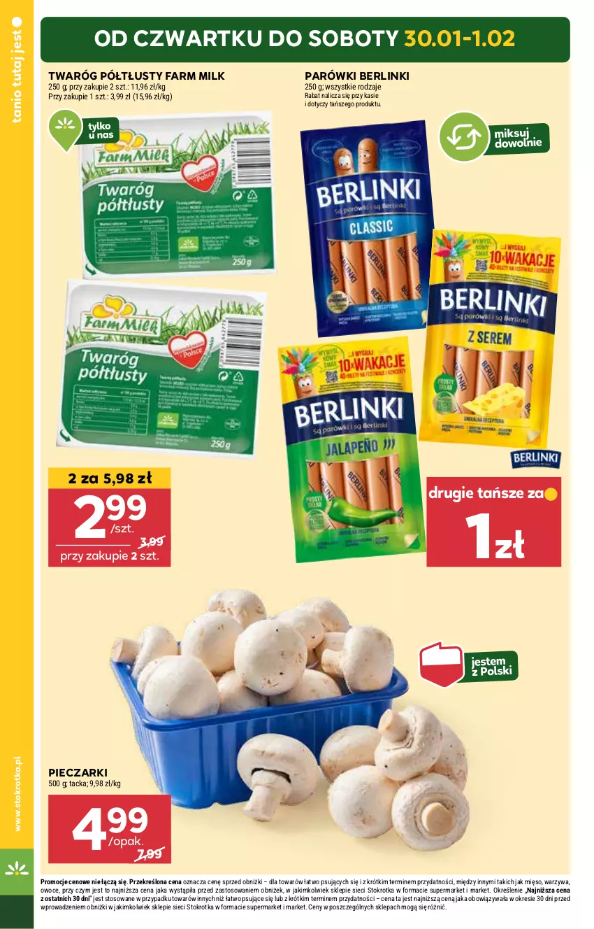 Gazetka promocyjna Stokrotka - Supermarket - ważna 30.01 do 05.02.2025 - strona 2 - produkty: Berlinki, Fa, Farm Milk, Mięso, Owoce, Parówki, Piec, Twaróg, Twaróg półtłusty, Warzywa