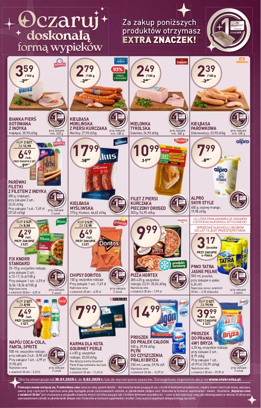 Gazetka promocyjna Stokrotka - Supermarket - ważna 30.01 do 05.02.2025 - strona 30 - produkty: Alpro, Bianka, Bryza, Calgon, Chipsy, Coca-Cola, Fa, Fanta, Filet z piersi kurczaka, Gra, Hortex, Kiełbasa, Knorr, Krakus, Kurczak, LG, Mango, Mielonka tyrolska, Mięso, Morliny, Napój, Owoce, Parówki, Piec, Piwa, Piwo, Pizza, Pralki, Proszek do prania, Sok, Sokołów, Sprite, Tatra, Warzywa, Wołowina