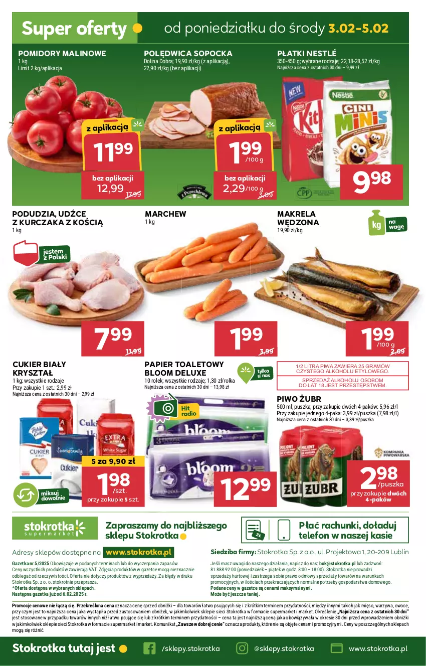 Gazetka promocyjna Stokrotka - Supermarket - ważna 30.01 do 05.02.2025 - strona 38 - produkty: Cukier, Dres, Gra, JBL, Kurczak, Mięso, Nestlé, O nas, Owoce, Papier, Papier toaletowy, Piwa, Piwo, Polędwica, Pomidory, Telefon, Wagi, Warzywa