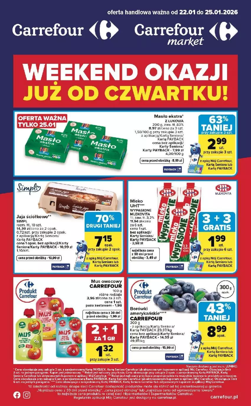 Gazetka promocyjna Carrefour - Gazetka Weekend okazji już od czwartku! - ważna 22.01 do 25.01.2026 - strona 1 - produkty: Jaja, Mleko, Mlekovita, Mus