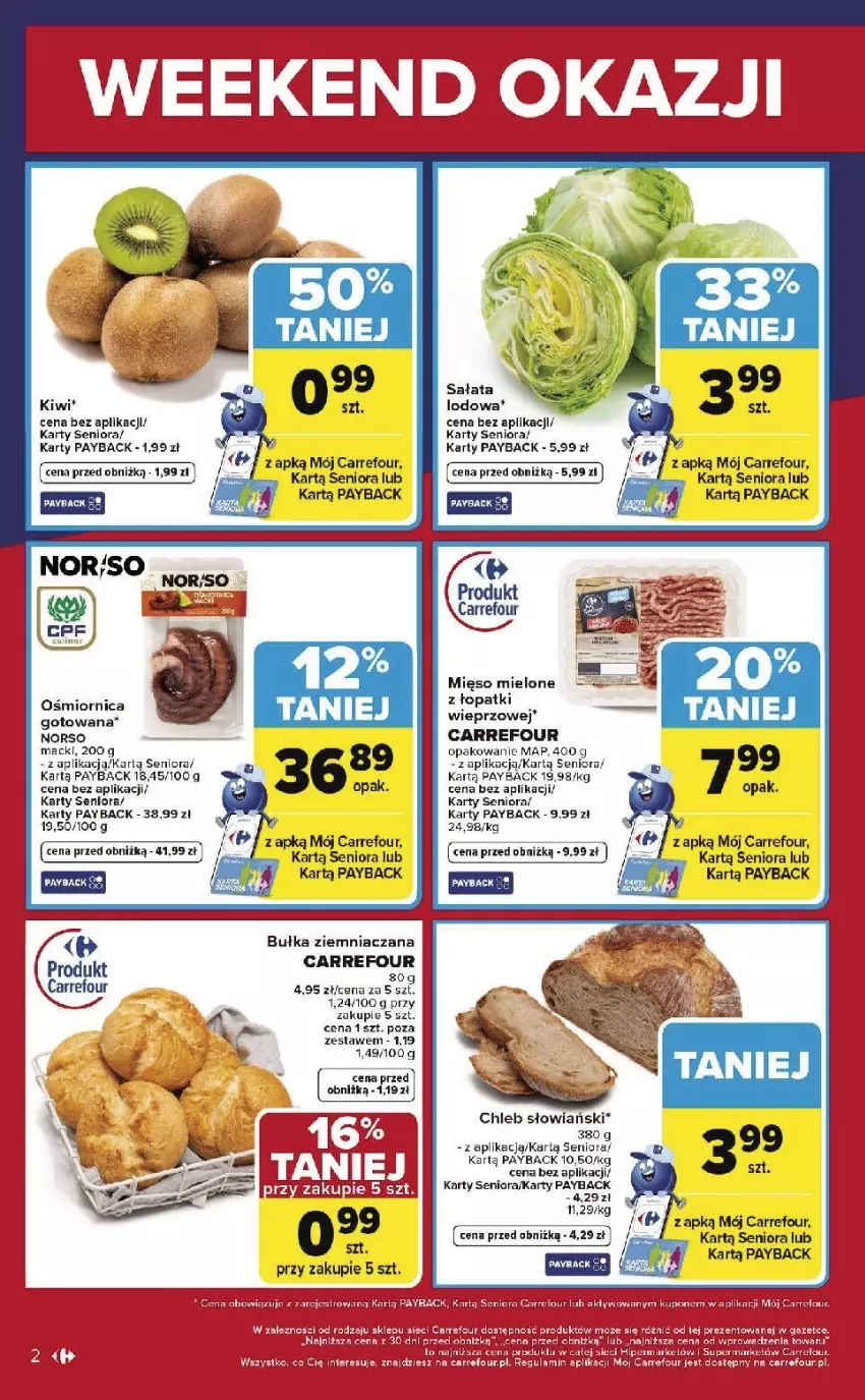 Gazetka promocyjna Carrefour - Gazetka Weekend okazji już od czwartku! - ważna 22.01 do 25.01.2026 - strona 2 - produkty: Bułka, Chleb, Kiwi, Mięso, Mięso mielone, Sałat