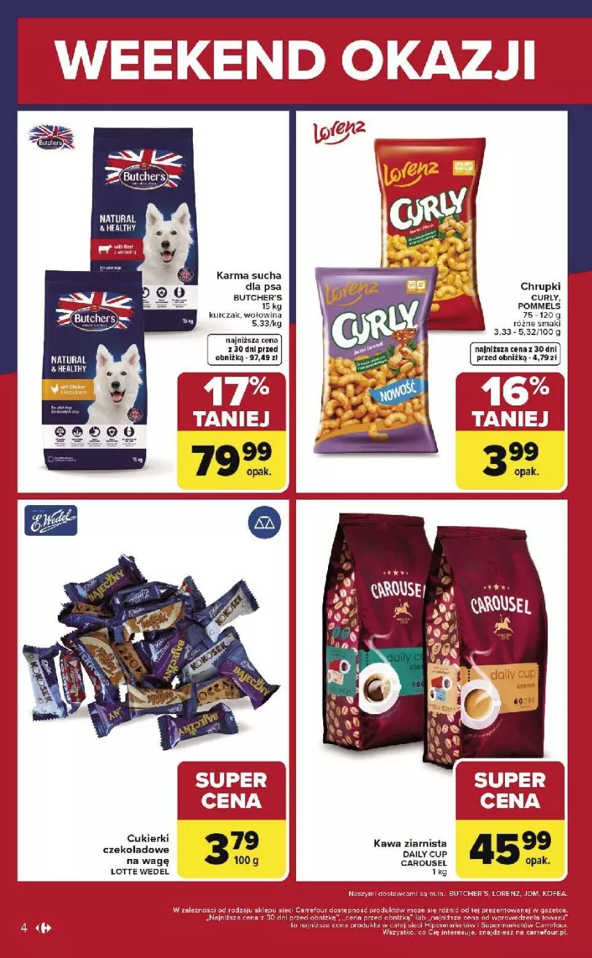 Gazetka promocyjna Carrefour - Gazetka Weekend okazji już od czwartku! - ważna 22.01 do 25.01.2026 - strona 4 - produkty: Butcher's, Chrupki, Fa, Kawa, Kawa ziarnista, Kurczak, Wołowina