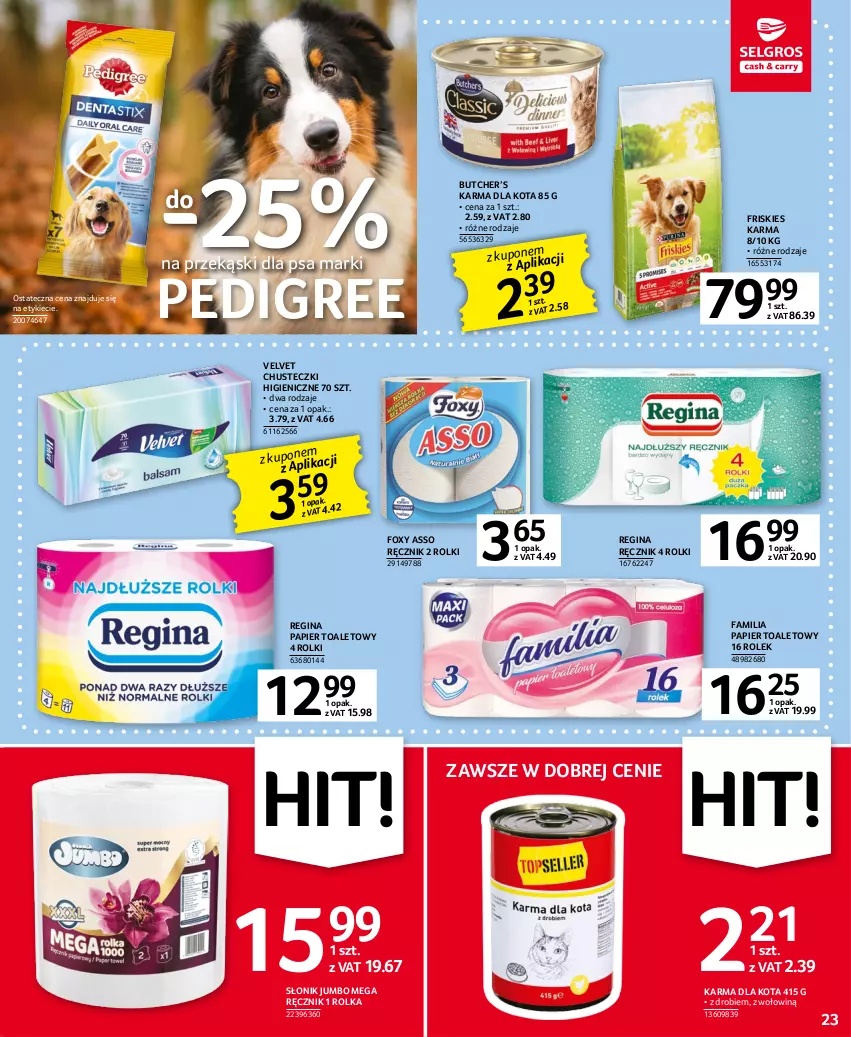 Gazetka promocyjna Selgros - Oferta spożywcza - ważna 02.03 do 15.03.2023 - strona 23 - produkty: Chusteczki, Fa, Foxy, Friskies, Gin, Papier, Papier toaletowy, Pedigree, Przekąski dla psa, Ręcznik, Rolki, Velvet