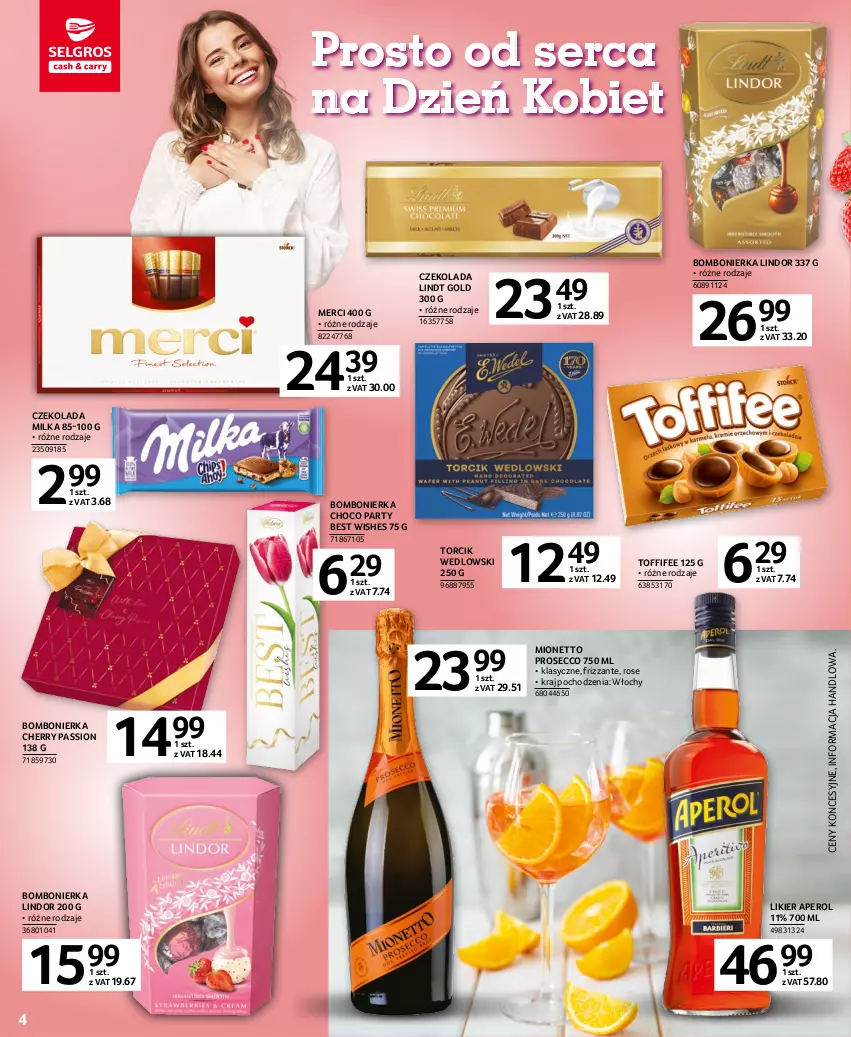 Gazetka promocyjna Selgros - Oferta spożywcza - ważna 02.03 do 15.03.2023 - strona 4 - produkty: Aperol, Czekolada, Likier, Lindor, Lindt, Merci, Milka, Mionetto, Prosecco, Ser, Toffifee