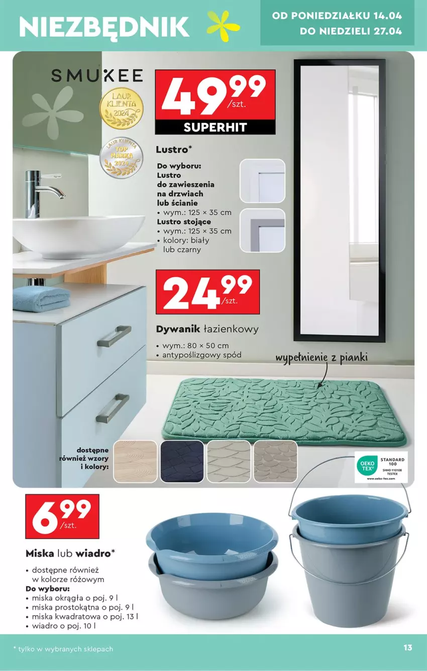 Gazetka promocyjna Biedronka - Okazje Tygodnia - ważna 12.04 do 26.04.2025 - strona 15 - produkty: Drzwi, Dywan, Dywanik, Dywanik łazienkowy, Fa, Lustro, Miska, Stek, Wiadro